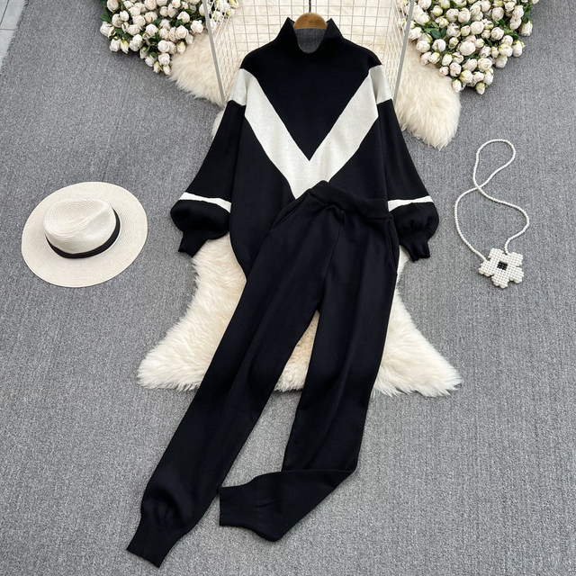 Women's Fashion Suit Stand Collar Loose Contrasting Color Lantern Sleeve Knitwear Top Two-Piece Set High Waist Slim Leg Pants