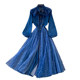 High-end denim skirt is thin and tall, long skirt, light familiar style, fungus edge, stand collar, tie mesh stitching dress