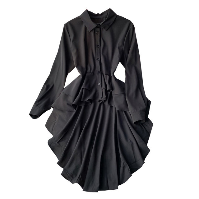 2023 spring new Korean style shirt mid-length loose irregular ruffles foreign style shirt dress long sleeves