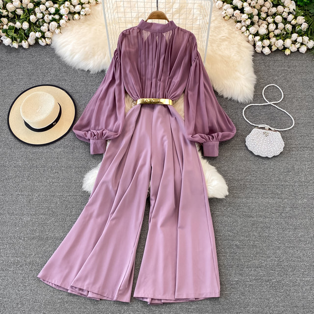 French-Style Elegant and Gentle Retro Stand-Up Collar Lantern Sleeve Waist-Cinching Slimming Wide-Leg Jumpsuit Fashion Romper