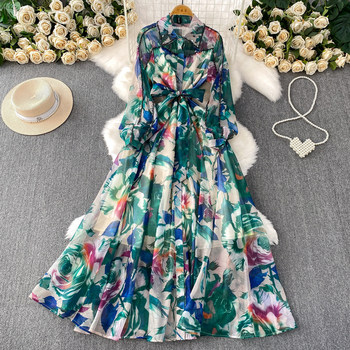French-Style Light Luxury Gemstone-Embellished Diamond-Encrusted Lapel Dress for Women, Autumn Waist-Cinching Slimming Stunning Holiday Print Long Skirt with a Large Hem