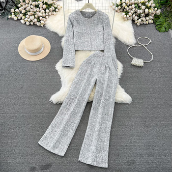 Fashion Suit for Women, Korean Style Round Neck Single-Breasted Shirt Jacket Two-Piece Set, Casual High-Waisted Slimming Straight-Leg Wide-Leg Pants