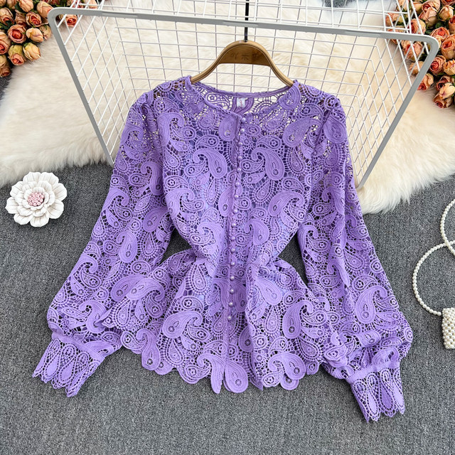 Spring retro palace style round neck single-breasted button hollow hook flower lotus leaf hem lace shirt women's foreign style chic top