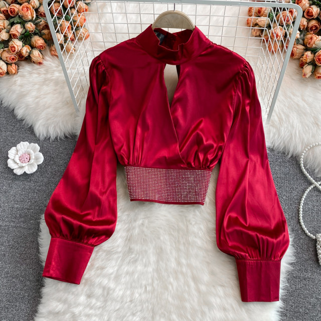 Autumn new Korean version stand collar chest hollow short hot diamond puff sleeve satin shirt female foreign style short top