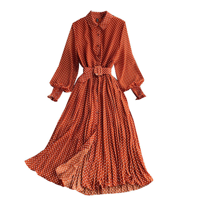 Polka Dot Chiffon Shirt Collar Dress Spring and Autumn New Chic Gentle Wind Temperament Waist Swing Pleated Long Skirt