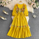 Retro temperament bohemian ethnic style square collar embroidery waist dress seaside holiday big swing long skirt