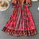 Spring new bohemian ethnic style big swing long skirt travel vacation heavy industry embroidery V-neck color dress