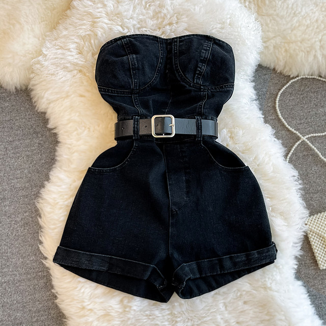 Fashion small tube top denim one-piece shorts female summer Hong Kong style retro fashion wide-leg tooling jumpsuit tide