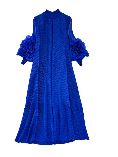 High-End Ladylike Pleated Lantern Long-Sleeved Stand-Up Collar Loose A-Line Solid Color Dress Elegant Long Dress