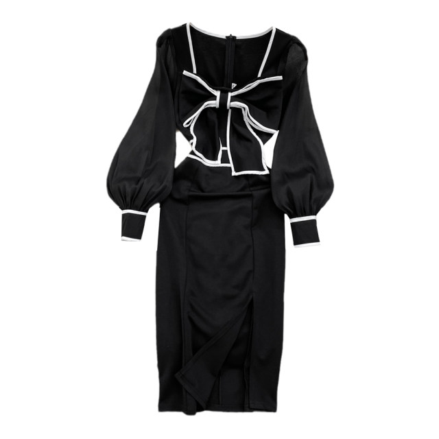 French high-end retro temperament lantern long-sleeved square collar bow tie waist slimming slit bag hip dress dress