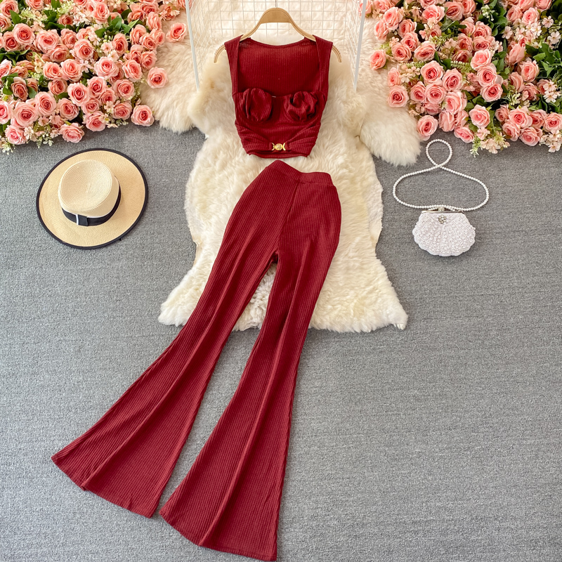 Fashionable High-Waisted Slimming Flared Pants for Women, Two-Piece Set with High-Waisted Short Top with Exposed Navel and Square Neckline