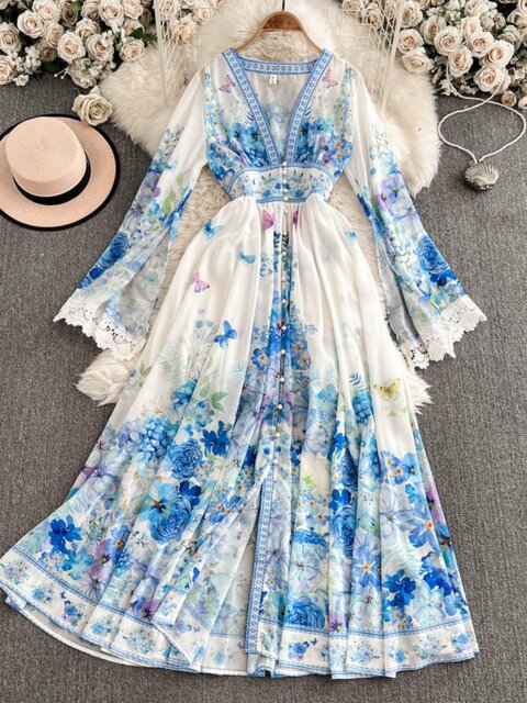 European and American palace style dress, sexy deep V-neck, buttoned waist, slimming and long design, printed temperament dress