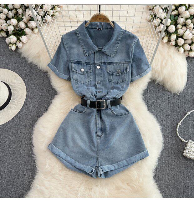 Боди/брюки 覆古港式单排扣翻领连衣裤高腰修身短袖牛仔连衣裤夏季