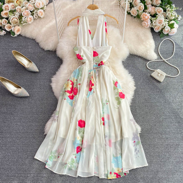 Gentle style, halter neck, backless, sleeveless, waistless, slimming, printed a-line dress, seaside vacation, large-swing long skirt