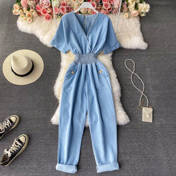 V-neck denim jumpsuit women's 2021 summer new casual workwear jumpsuit short-sleeved high-waisted loose-fitting pants