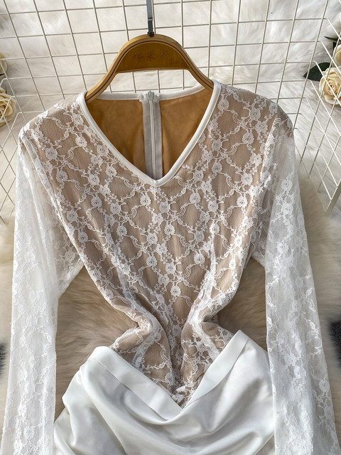 European and American Socialite Elegant Satin Ribbon Spliced Lace V-Neck Dress Women's High-End Formal Dress Waist-Cinching Fishtail Long Dress