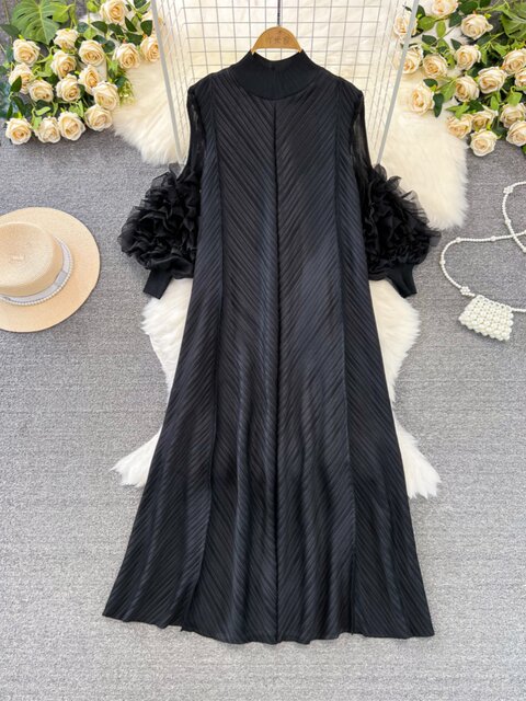 High-End Ladylike Pleated Lantern Long-Sleeved Stand-Up Collar Loose A-Line Solid Color Dress Elegant Long Dress