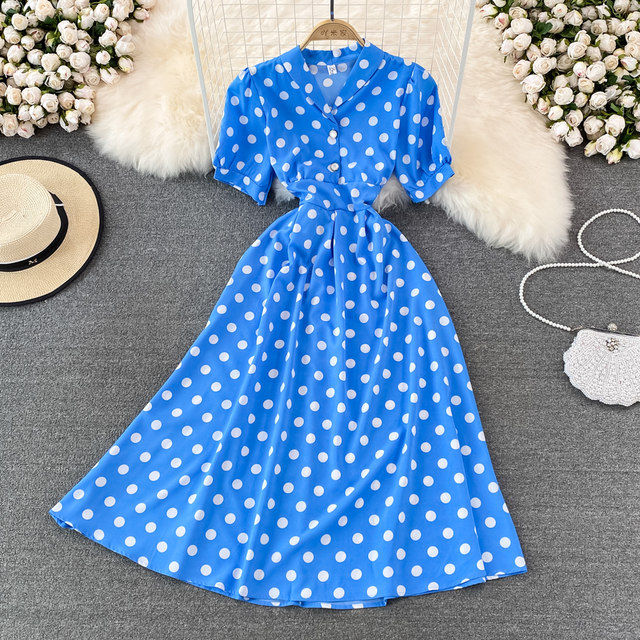 2022 summer French retro waist and thin bubble short-sleeved V-neck a-line dress elegant temperament large swing dress