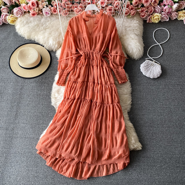 V-neck chiffon dress new seaside holiday desert large swing long skirt Thailand travel Bali beach skirt women