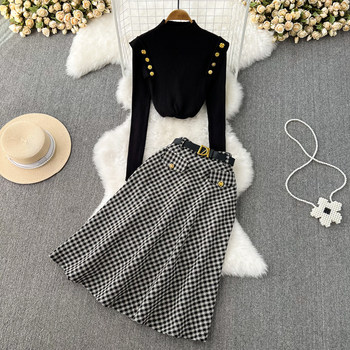 Fashion suit women's half-high collar gold shoulder button knitted sweater top two-piece high waist slim plaid skirt autumn