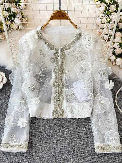 Internet celebrity same style 2025 spring and summer new French high-definition pearl edge sequin embroidered mesh short jacket women's top