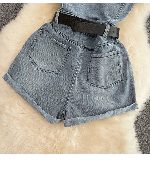 Боди/брюки 覆古港式单排扣翻领连衣裤高腰修身短袖牛仔连衣裤夏季