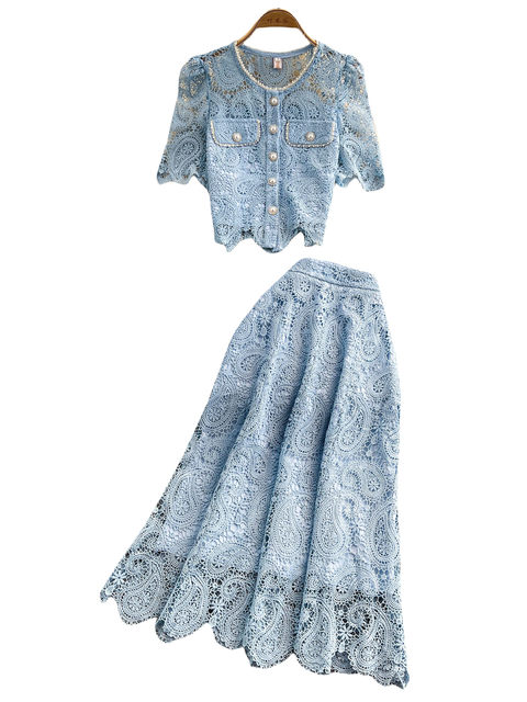 Ladylike temperament lace embroidery two-piece set for women 2025 new summer petite high-end top + skirt