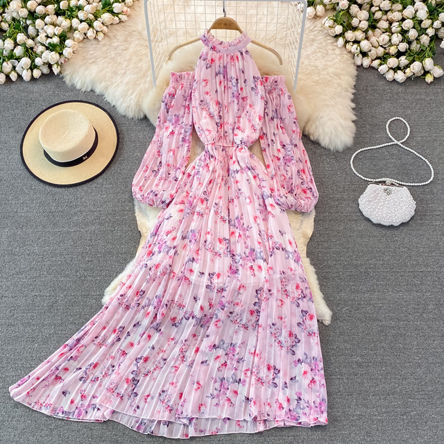 Hanging neck off-shoulder floral dress women's summer fashion fashion age-reducing puff sleeves over-the-knee chiffon large swing long skirt