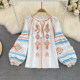 Spring and Autumn New Korea Retro Loose Ethnic Wind Embroidery Slim Lantern Sleeve Doll Top Women's Round Neck Pullover Shirt