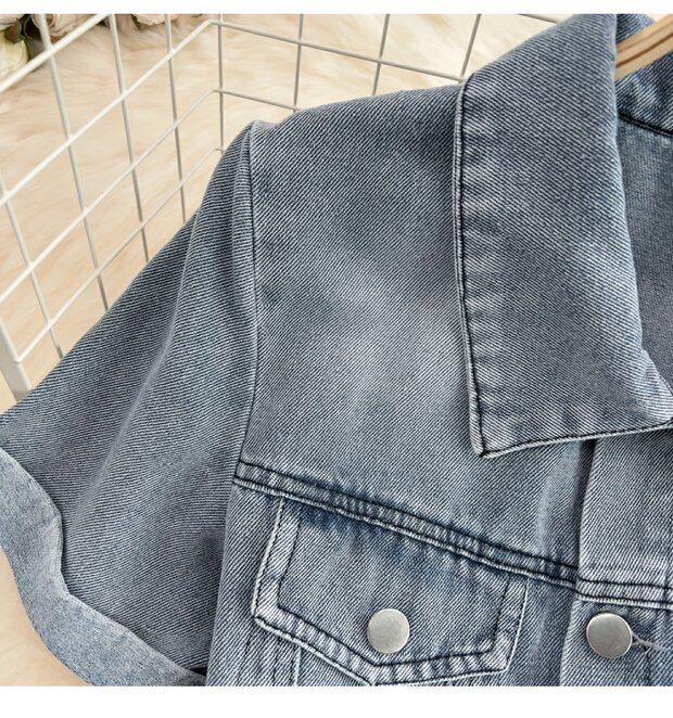 Боди/брюки 覆古港式单排扣翻领连衣裤高腰修身短袖牛仔连衣裤夏季