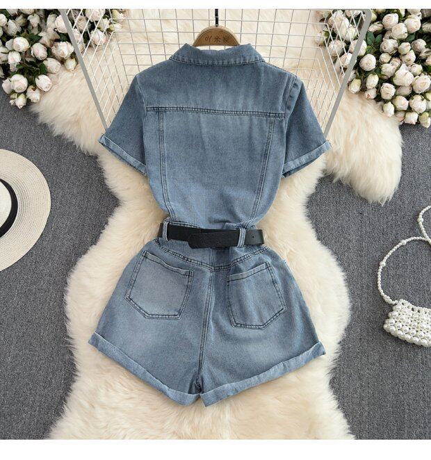 Боди/брюки 覆古港式单排扣翻领连衣裤高腰修身短袖牛仔连衣裤夏季