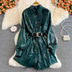 2023 Autumn New Metallic Snake Pattern Coat Women's Loose Belt Waist Slim Mid-Long Lapel Dress