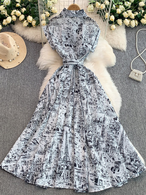 European and American style niche ink painting printed lapel shirt dress women's French lace-up waist slimming long skirt