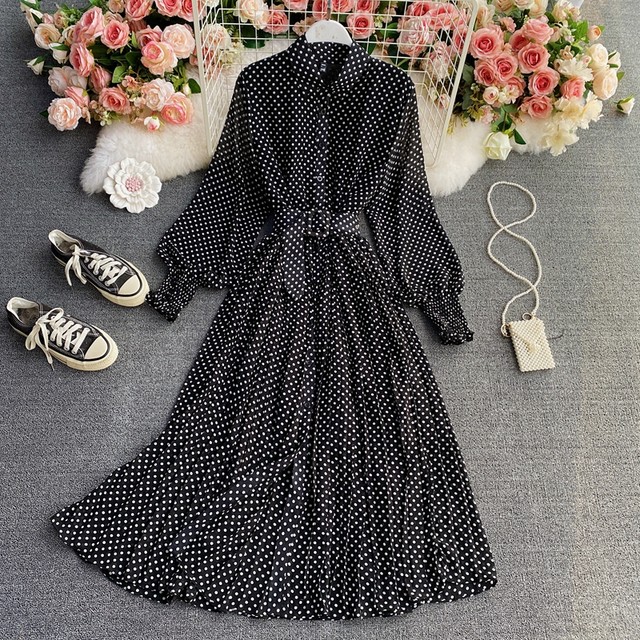 Polka Dot Chiffon Shirt Collar Dress Spring and Autumn New Chic Gentle Wind Temperament Waist Swing Pleated Long Skirt