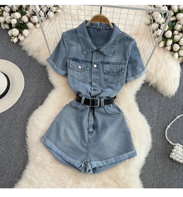 Боди/брюки 覆古港式单排扣翻领连衣裤高腰修身短袖牛仔连衣裤夏季
