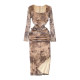 French high-end temperament long-sleeved square collar bronzing mesh print waist slimming slit dress elegant long skirt