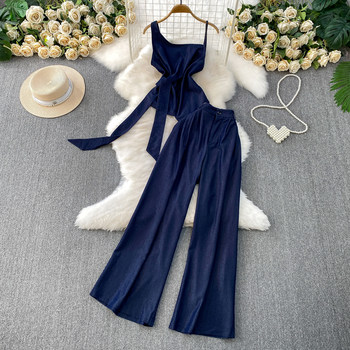 Trendy Goddess Style Niche Irregular Cross-Tie Waist-Cinching Denim Camisole + High-Waisted Wide-Leg Pants Set