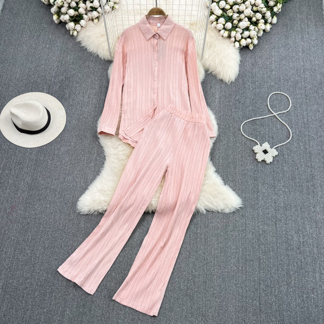 Fashion suit women's loose long-sleeved pleated shirt two-piece casual high waist vertical wide-leg trousers spring and autumn