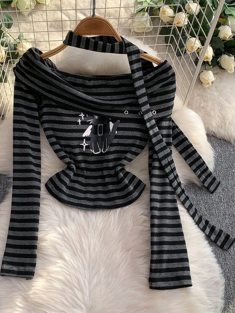 Royal sister style ribbon one-word shoulder strap chest pad T-shirt striped printed top + slimming cake skirt two-piece set