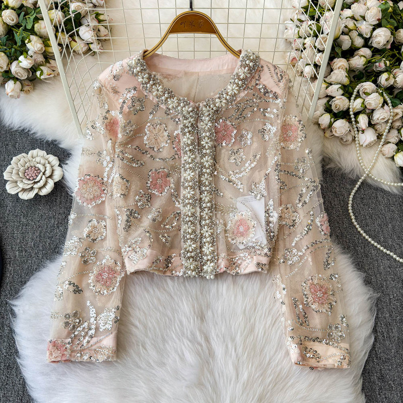 Trendy 2025 Spring/Summer New French Haute Couture Pearl Trim Sequin Embroidery Mesh Short Jacket Women's Top