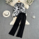 Fashion suit women's loose mid-length V-neck knitted sweater coat two-piece set high waist drape straight trousers