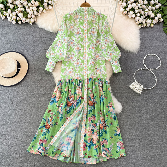 European and American retro temperament lantern long-sleeved stand-up collar waist slimming single-breasted A-line floral dress elegant long skirt