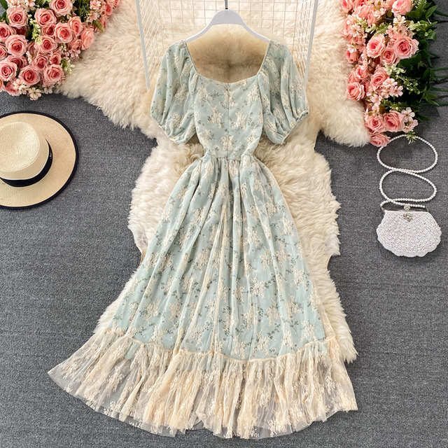 French retro court style sweet mesh square collar dress gentle wind lady floral skirt super fairy princess skirt