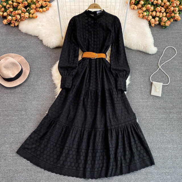 Stand-up collar puff sleeve a-line dress seaside holiday desert large swing long skirt Thailand travel Bali beach skirt