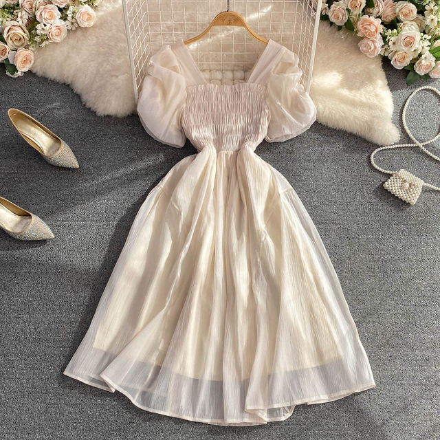 Summer French gentle wind square neck bubble short sleeve pleated waist thin mid-length a-line puffy dress women