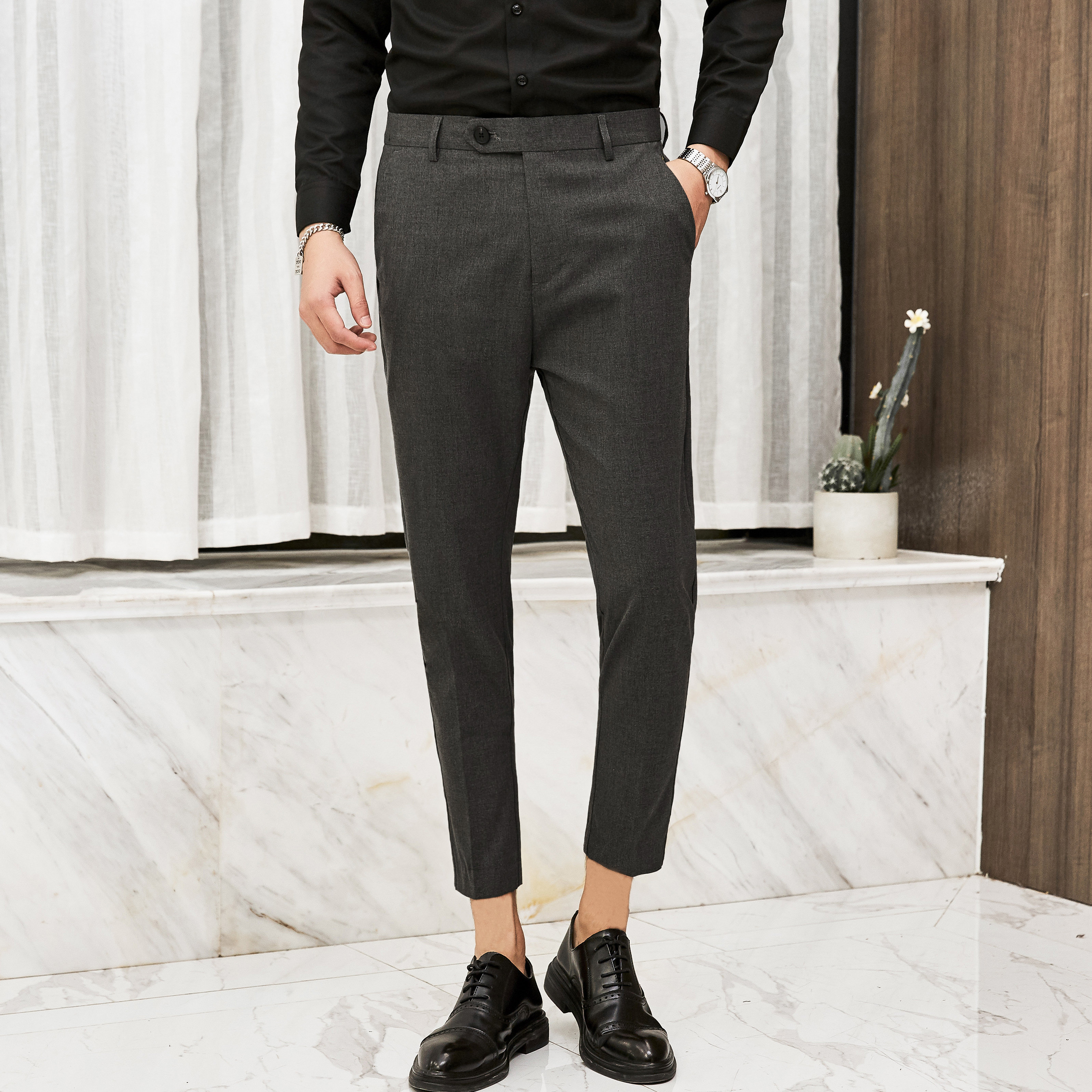 Spring and summer new British style pendant small trousers men's casual nine-point pants Korean version slim small feet suit pants thin