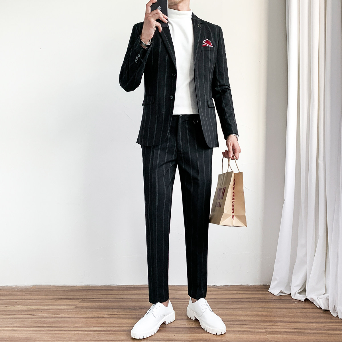 Spring and autumn striped suit suit men's two sets Korean version for business and casual positive dress groom wedding gown