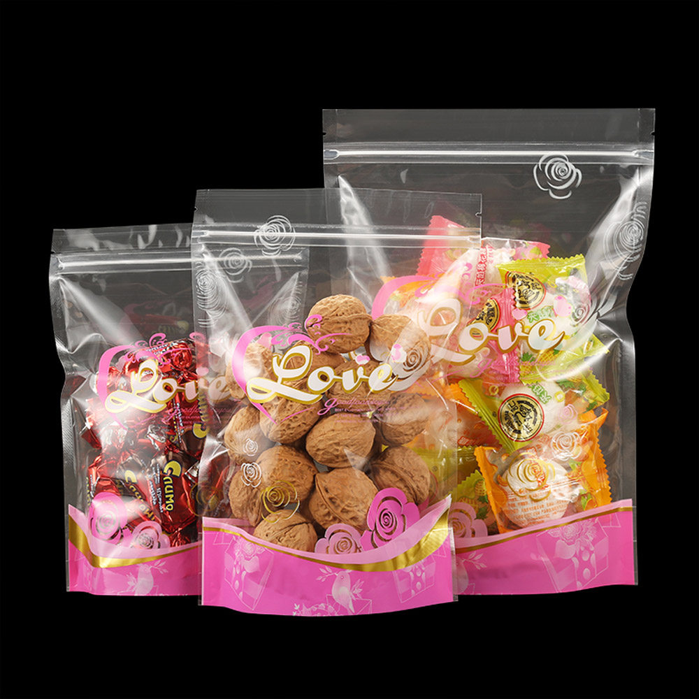 Pink printing transparent self-supporting self-sealing bag candy bag pistachio bag snack bag rose tea bag printing