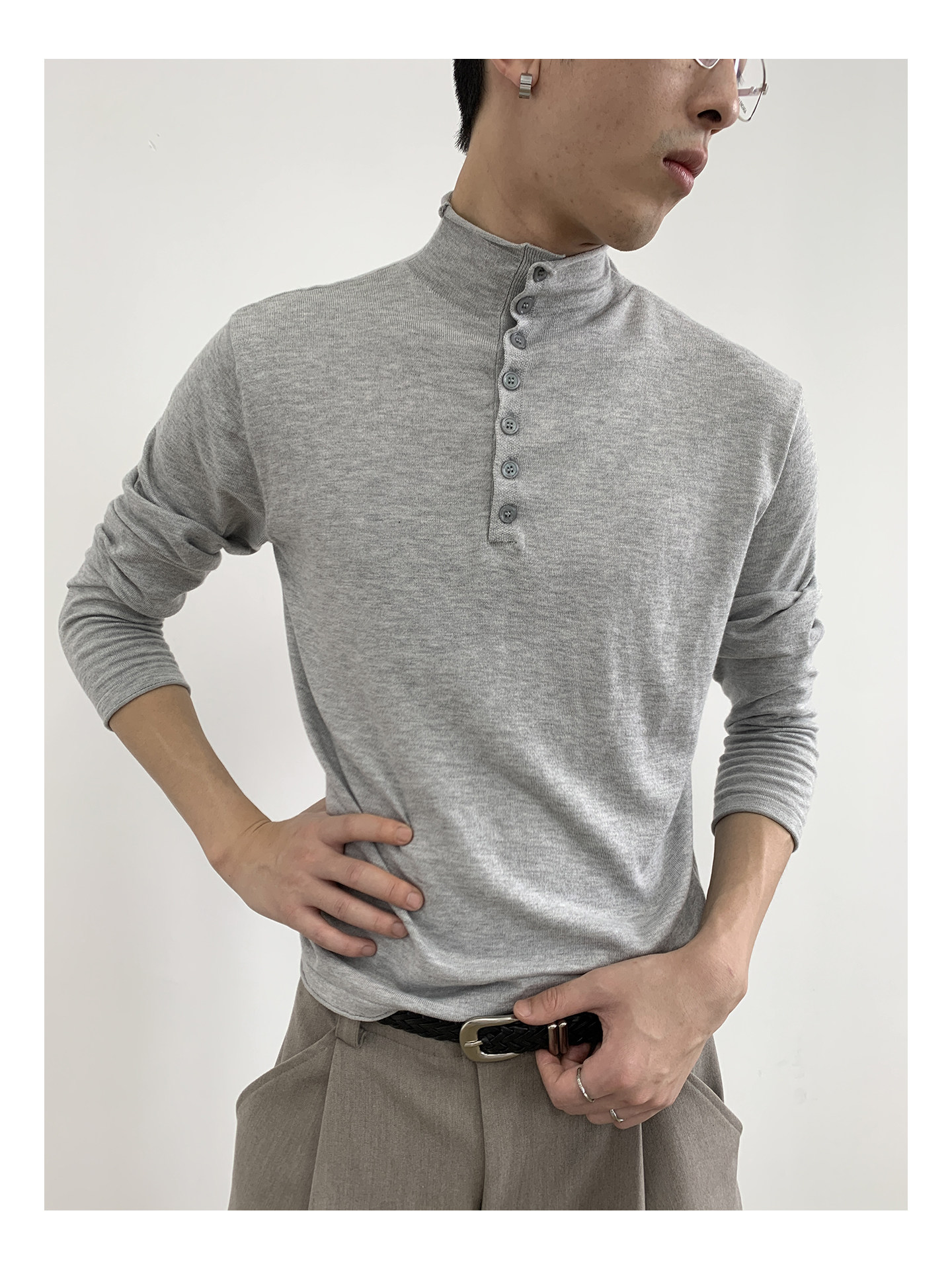 MION Wool-Blend Mock Neck Henley Tee