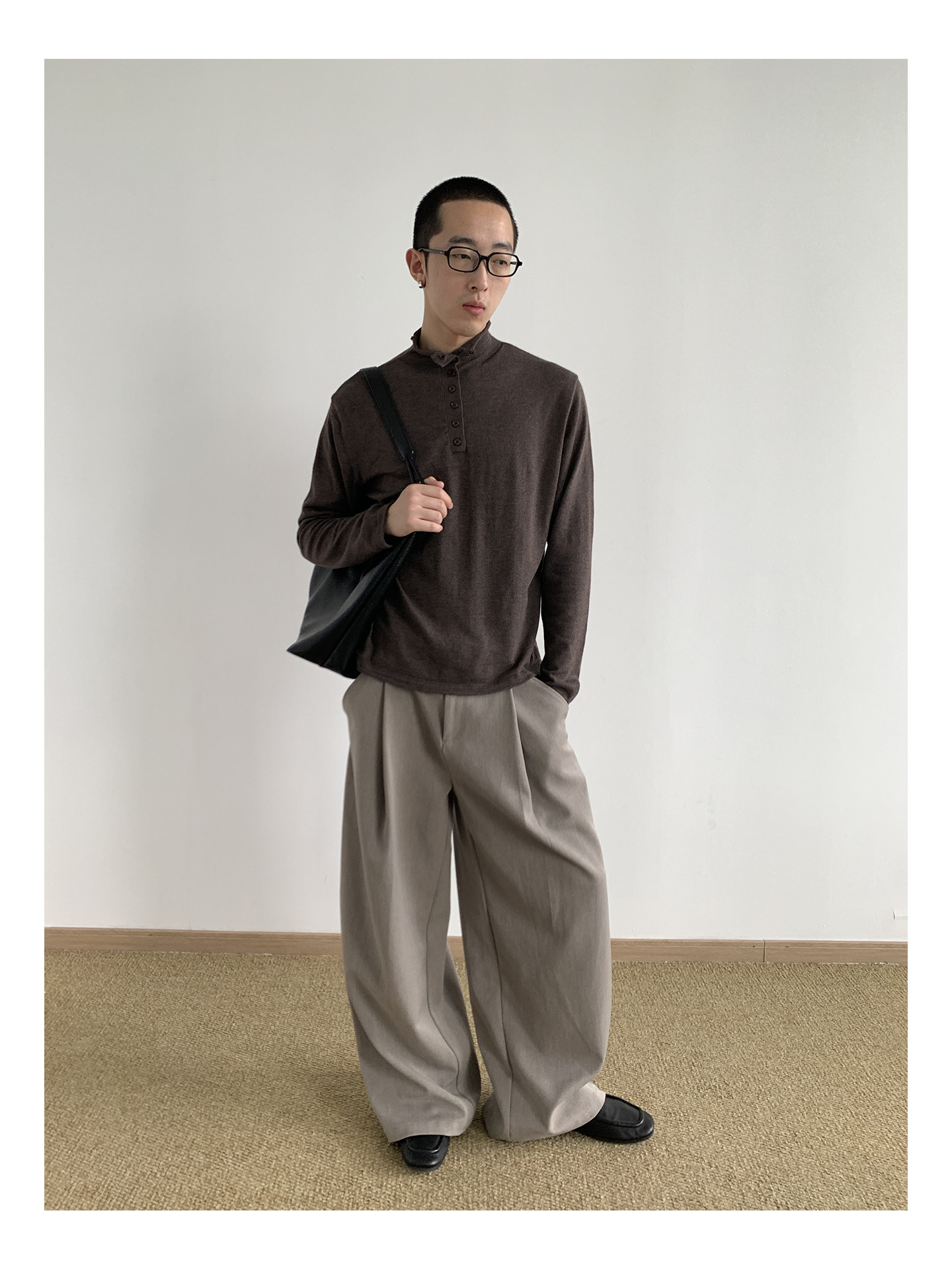 MION Wool-Blend Mock Neck Henley Tee